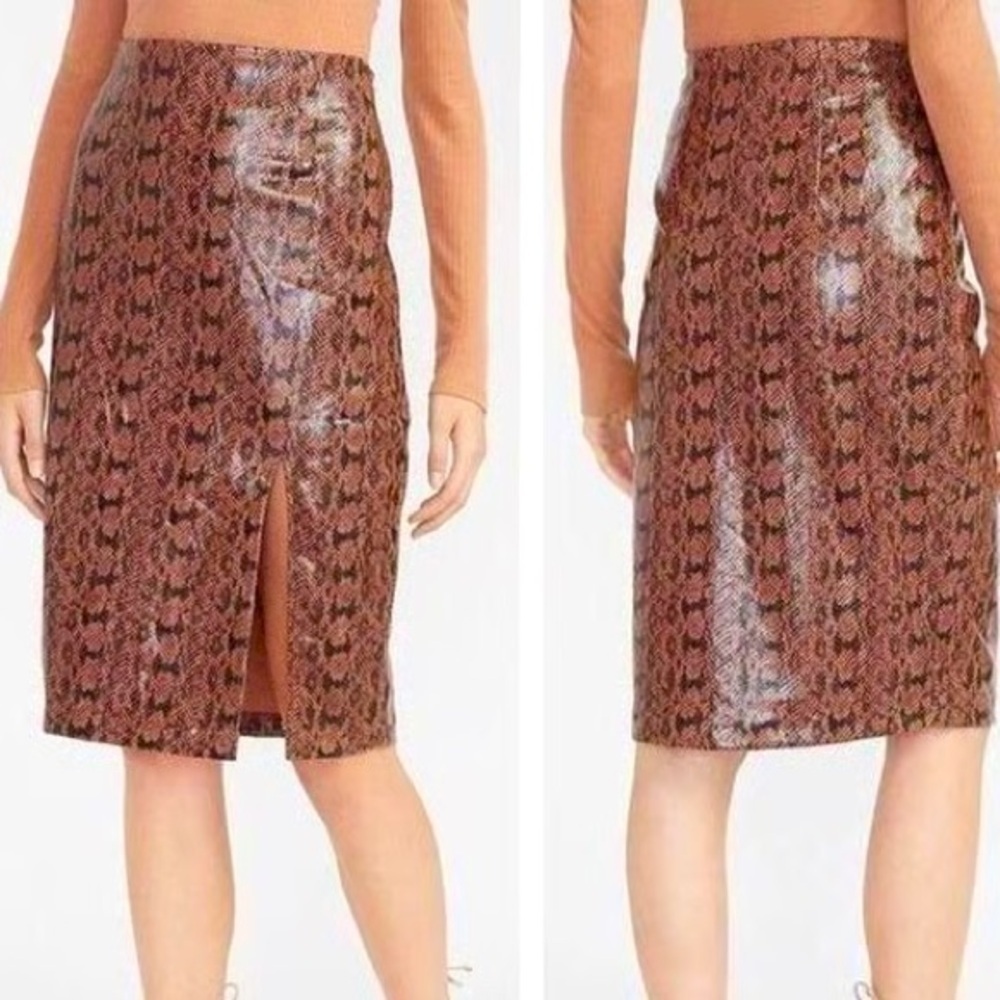 Express x Negin Mirsalehi Brown Snakeskin Print Faux Leather Midi Skirt Size 2